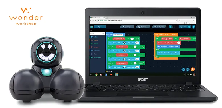 Cue for Education running in a browser on a Chromebook, beside the Cue robot